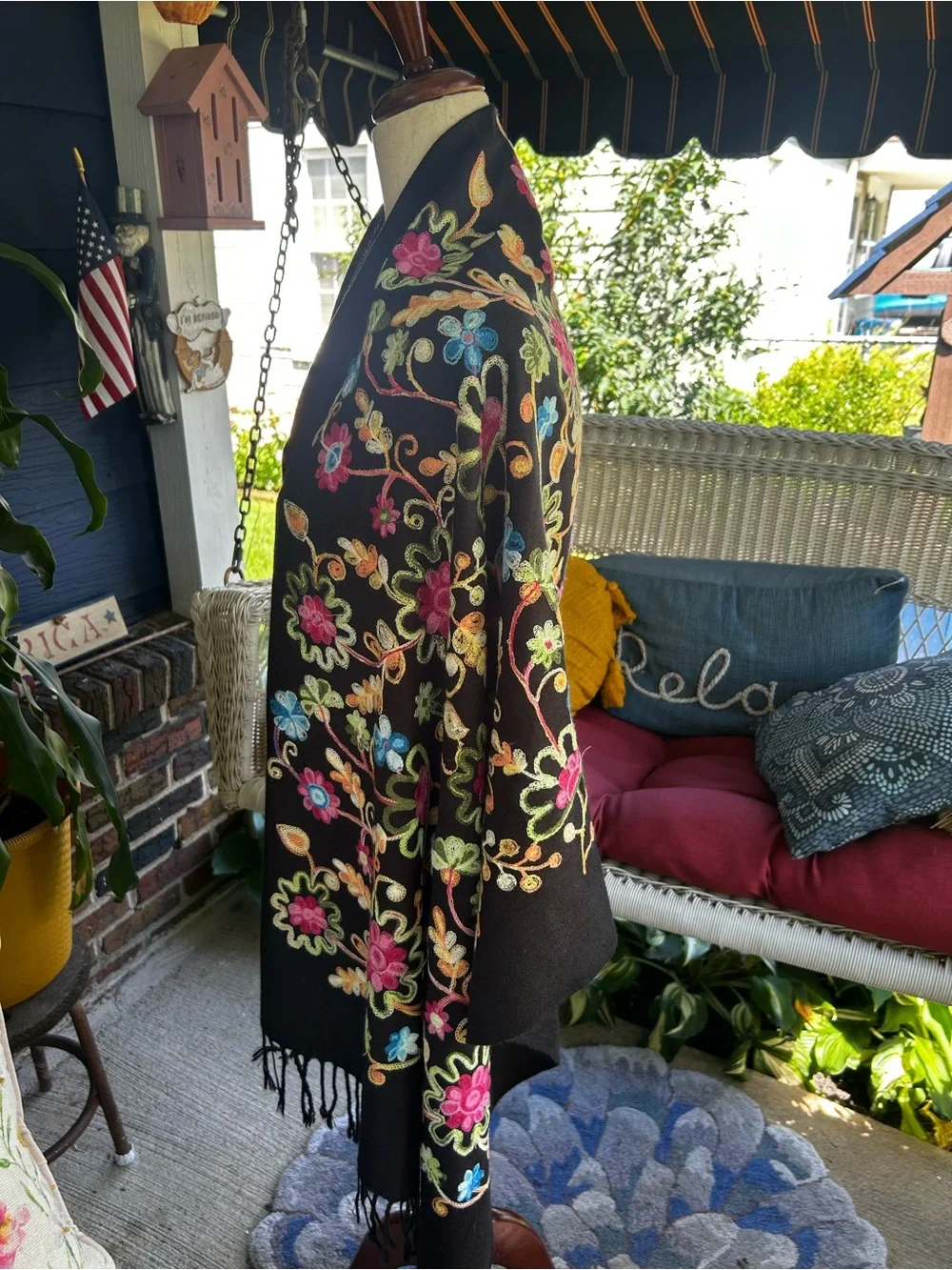 Black Embroidered Floral Shawl Scarf